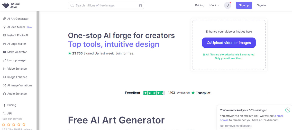 neural.love's homepage screenshot highlighting AI Image Generator Revolution.