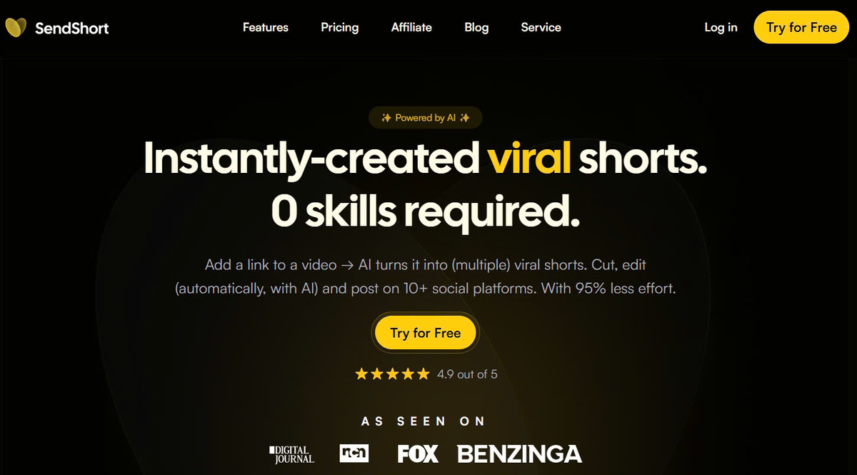 SendShort AI video editing tool that creates viral short videos